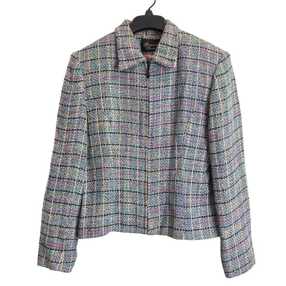 Giancarlo Ferrari Womens M Multi Color Boucle Tweed Zip Up Jacket Teal Pink